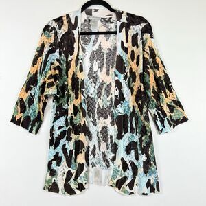 Alberto Makali Womens XL Bright Blue Black Artsy Texture Knit Open Front Sweater